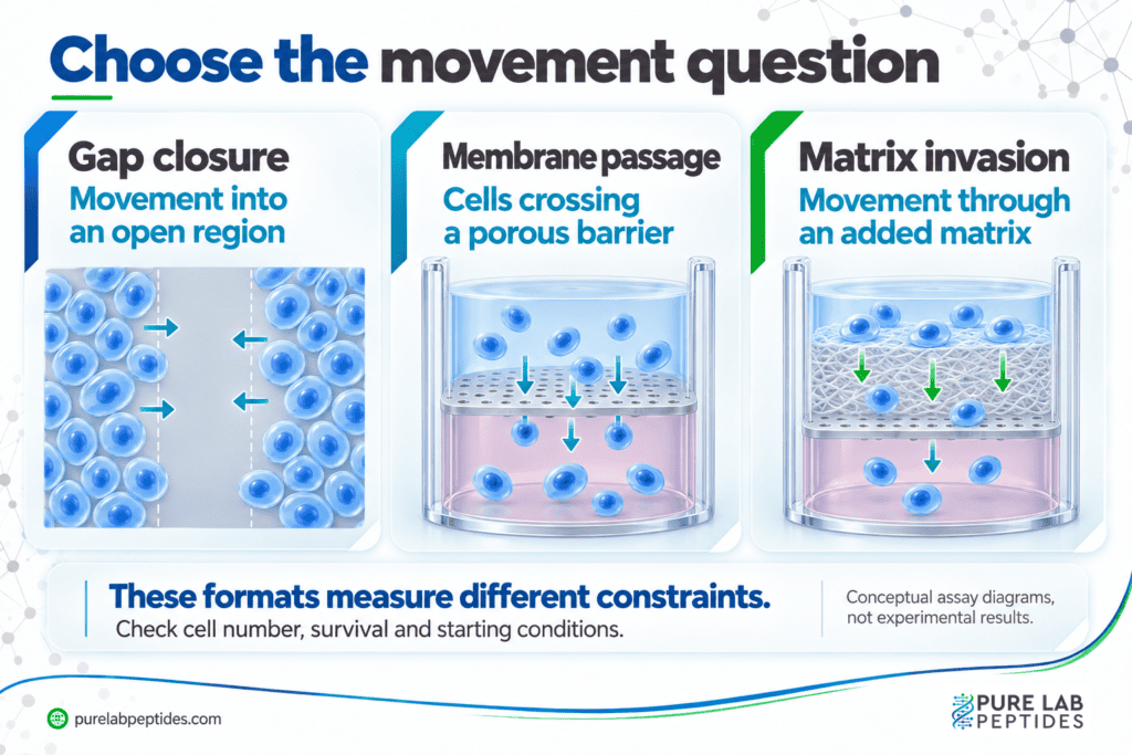Scratch closure, movement through a membrane and movement through a matrix are distinct cell-migration assay formats.